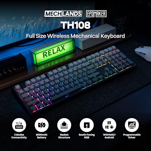 Image of MechLands EPOMAKER TH108 Full Size Mechanical Keyboard, Wireless Gaming Keyboard, 8000mAh Battery, Creamy Gasket, 108 Keys, Hot Swap, Custom Driver, RGB Backlights (Black, Sea Salt Silent Switch)
