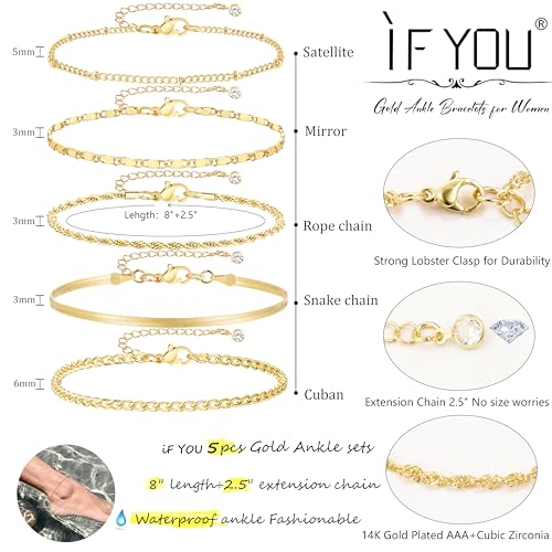 Image of iF YOU Gold Ankle Bracelets for Women, 14k Gold Plated Waterproof Cuban Link Chain Anklets Set, Layered Anklet Bracelets for Women Beach Gift Adjustable Size 5pcs