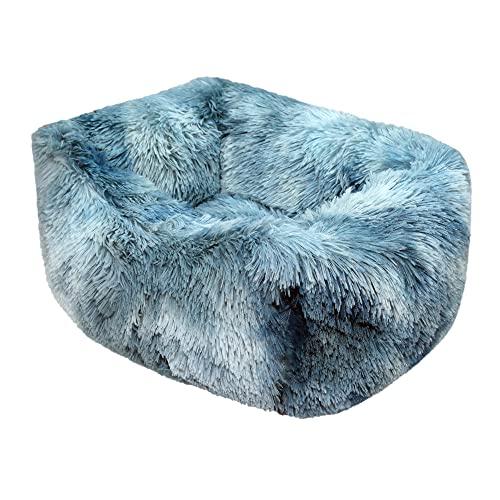 Long Rich Calming Dog Cat Bed, Fluffy Plush Pet Bed Filling Pp Cotton, Anti Anxiety Cozy Soft Cuddler Rectangle Dog Bed, Machine Washable, Non-Slip Bottom (16.9" X 13.8" X 7.9", Blue & White) #TOP19