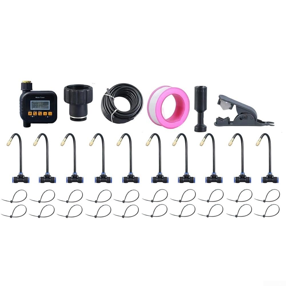 Sistema di irrigazione automatico delle piante con timer per giardino, kit di irrigazione regolabile con ugello spray incluso tubo PE e connettori rapidi per aiuole, set di 5 metri di lunghezza (10 m)