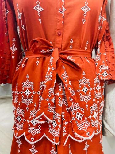 Image of Pure Cotton Fully Embroidered Work Rust Schiffli Co-Ord Set | Belt Having Embroidery | Co-Ord Set For Women & Girls