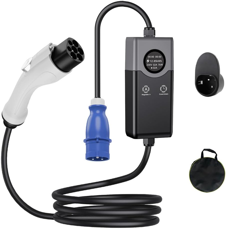 Cargador de EV Tipo 2 a enchufe CEE Corriente ajustable 8-32A Cargador de EV de 1 fase Cable de 7kW con pantalla LED Temporizador y bolsa de almacenamiento Apagado automático antiquemaduras,10m