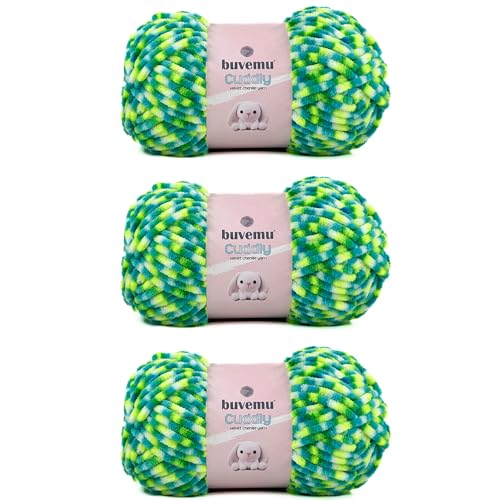 Image of Cuddly Velvet Chenille Yarn, Super Soft Fluffy Bulky for Knitting Crocheting Blanket Amigurumi, Durable for Shedding, 100 Gram (3.53 Ounces) 109 Yards (100 Meters) (Multi - Frog Pond) (3 Skeins)