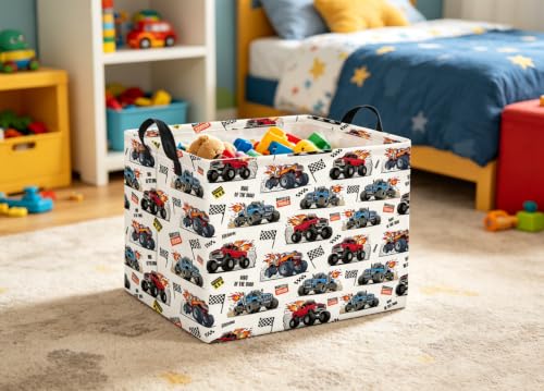 Image of Rectangular Baby Kids Storage Basket for Home Kitchen Girls Cute Toy Storage Bin Organizer Shelf Book Room Decor(Racing Truck)