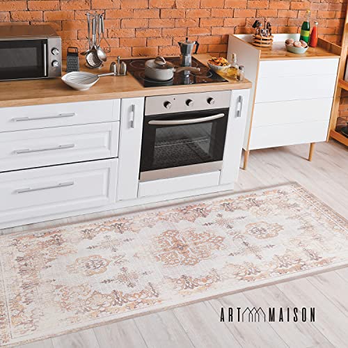 Art Maison Kitchen Area Rug Floor Mat 2' X 6'- Stain Resistant, Non-Shed, Waterproof, Non-Slip, Family & Pet Friendly - Vintage Distressed Area Rug Vinyl (24X72, Rose) #TOP4