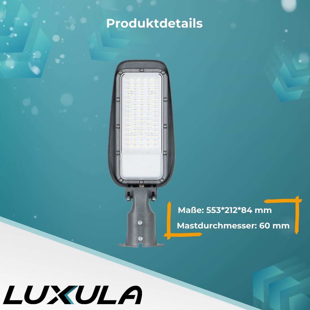 LUXULA LED Straßenlaterne 150W 4500K Neutralweiß, IP65 Außenleuchte für Mast- oder Wandmontage, wetterfeste Außenbeleuchtung für Hof, Parkplatz und Wege, robuste Straßenbeleuchtung Grau