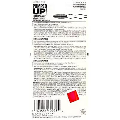 Maybelline Volum' Express Pumped Up! Colossal Washable Mascara, Classic Black [213] 0.33 oz (Pack of 3)