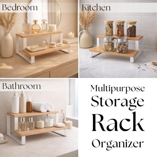 Image of Decorlay 2-Tier Metal & Laminated Board Stairs Spice Rack Cosmetic Organizer Stand, Kitchen Countertop for Pantry Cupboard, Countertop (Beech+White)
