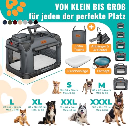 LOVPET® Transportbox Hund Katze Transporttasche XXL 92x64x64cm | Hunde-Tragetasche Faltbare Katzentasche | Haustier-Transportbox inkl. Hundenapf & Schultergurt | für Katzen & Hunde Anthrazit