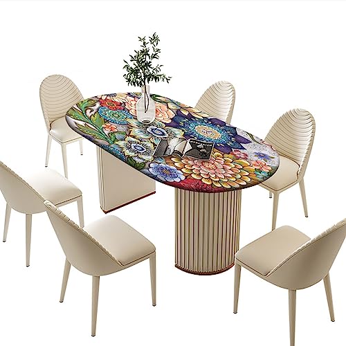 Boho Floral Oval Fitted Tablecloths, Blossom Flowers Elastic Edged Polyester Fitted Table Cover, for Indoor Outdoor Picnic Dining and Spring Holiday Use, Fits Oval 42