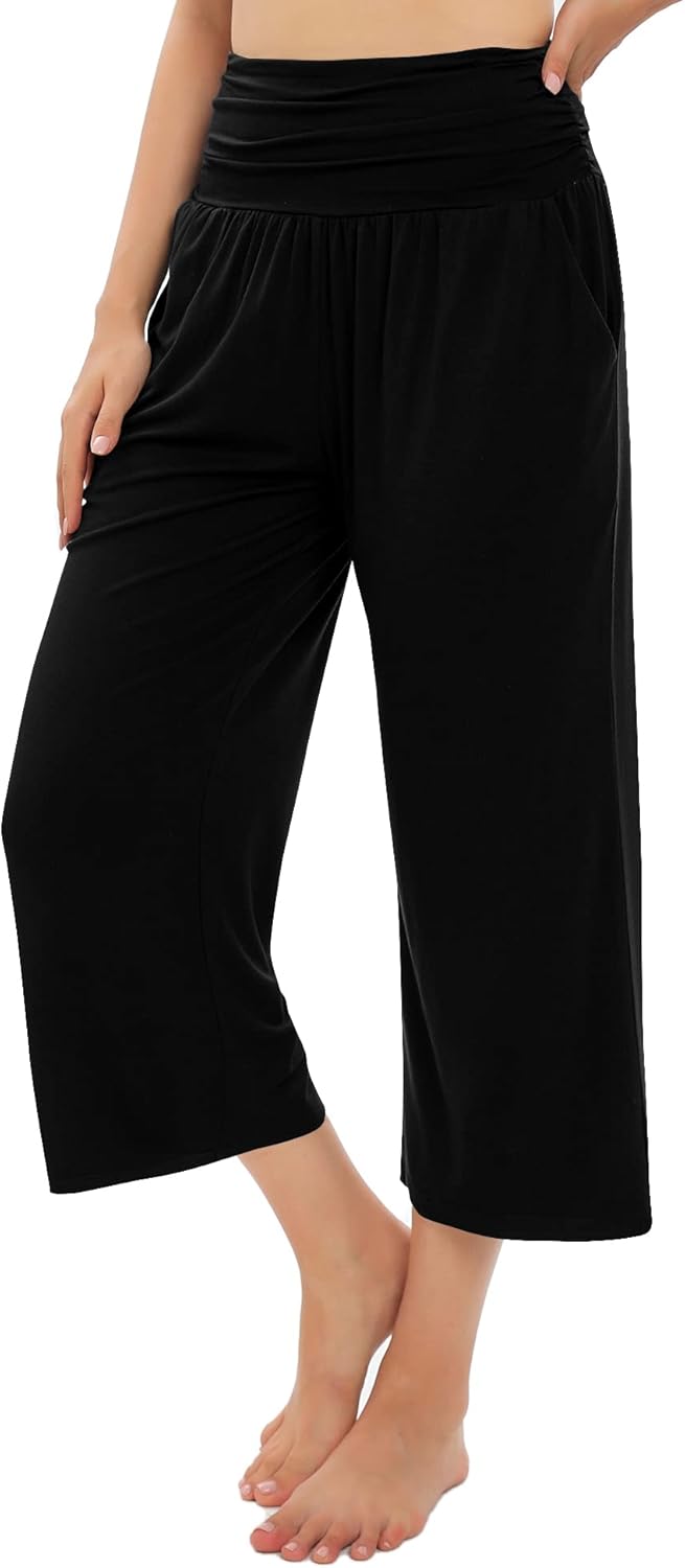 Urban CoCo Women's Comfy Yoga Capri Pants Casual Wide Leg Sweatpants High Waist Stretch Cropped Pants - Image 4
