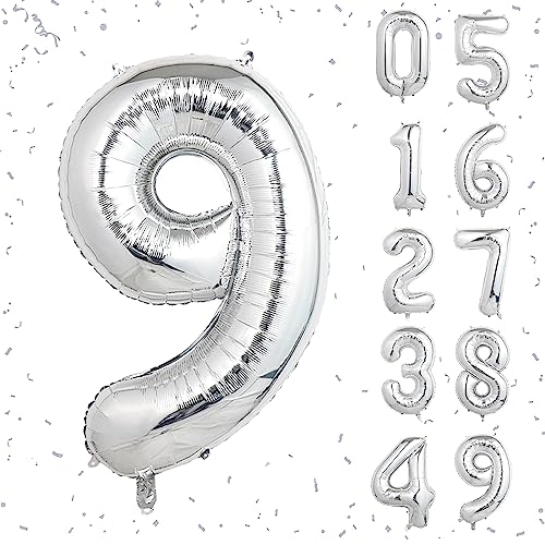 Image of 40 Inch Silver Number Balloons, Helium Mylar Foil Number Balloons for Birthdays, Number 9 Balloon for Party Wedding Bachelorette Birthday Bridal Shower Graduation Anniversary Celebration Party Decorations Supplies