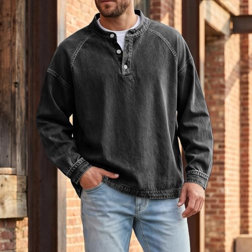Denim Shirt Men Washed Button Down Henley Polo Jean Shirt Denim Top - image 2