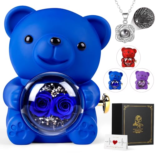 Cute Bear Teddy with Preserved Rose Gift Box, Romantic Rose Flower Bear Teddy Necklace Gift Mom, Eternal Forever Rose Bear Gift Weddings Anniversary for Woman Girlfriend Her, Blue