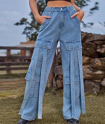 xxxiticat Women's Cargo Jean Pants Casual High Waist Long Ribbon Multi Pockets Wide Leg Baggy Denim Trousers with Pockets4