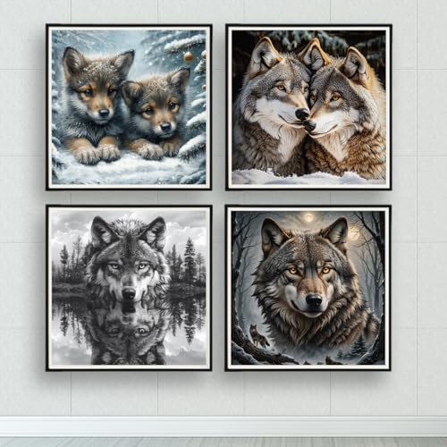 Image of 4PCS 11CT Stamped Cross Stitch Kits for Beginners Full Range of Cross Stitching Preprinted Cross Kits for Adult, Supplies Embroidery Kits for Adults DIY Needlepoint Snow Wolf Patterns Home Decor