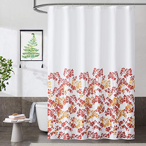 Metro Parlor Red Orange Fabric Shower Curtain 70x72 Inch, Floral Decor Printed on White Waffle Water Resistant Liner, Bathroom Hotel Spa Washable Bath Curtain