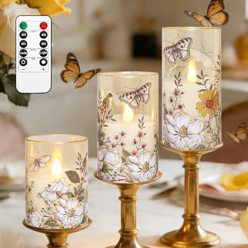 Image of MELTONE Flameless LED Candles Botanical Butterfly Design with Remote Control & Timer Function & Dimmable, Battery Operated Glass Candles for Home Party Wedding Christmas Spring Decor, Set of 3