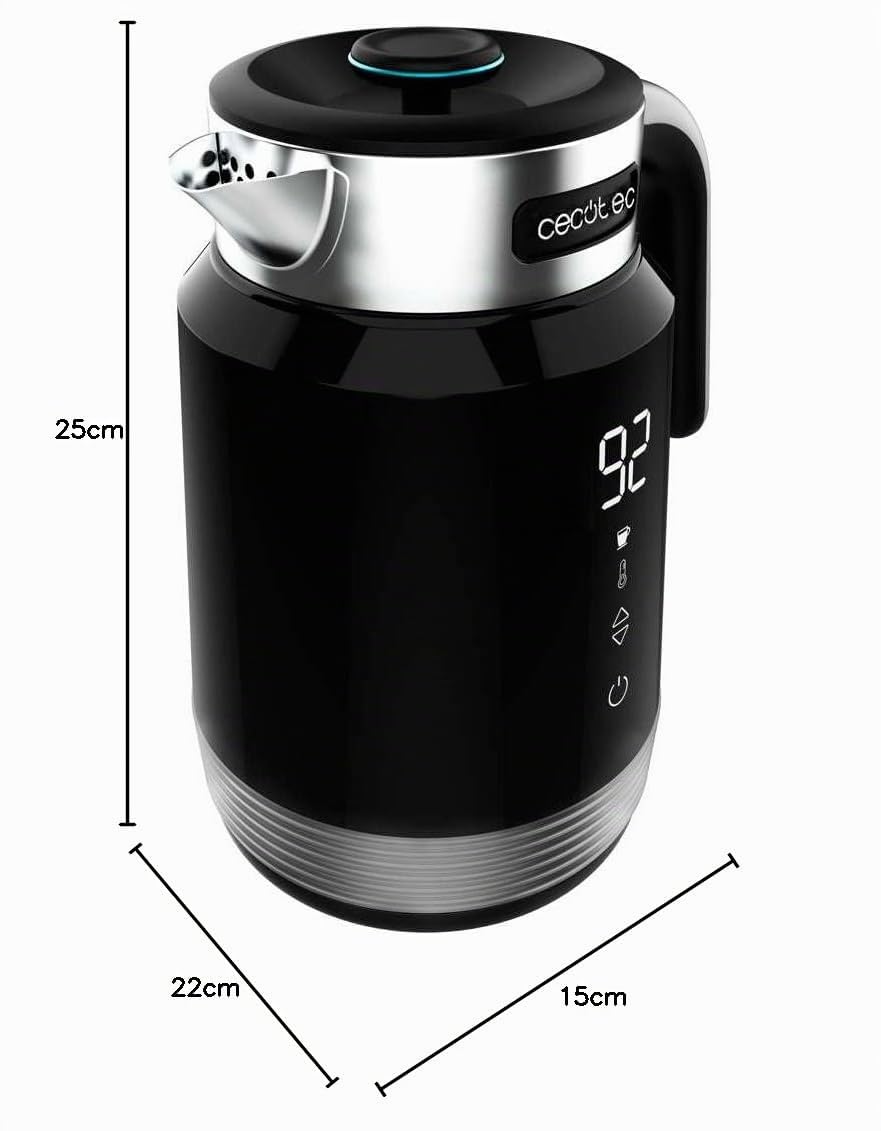 Cecotec Hervidor De Agua de 1,7L Eléctrico ThermoSense 600 Touch Black. 2200W, Libre De BPA, Acero Inoxidable y Plástico de máxima Calidad, Luz led y Luz de Funcionamiento, Base de 360º