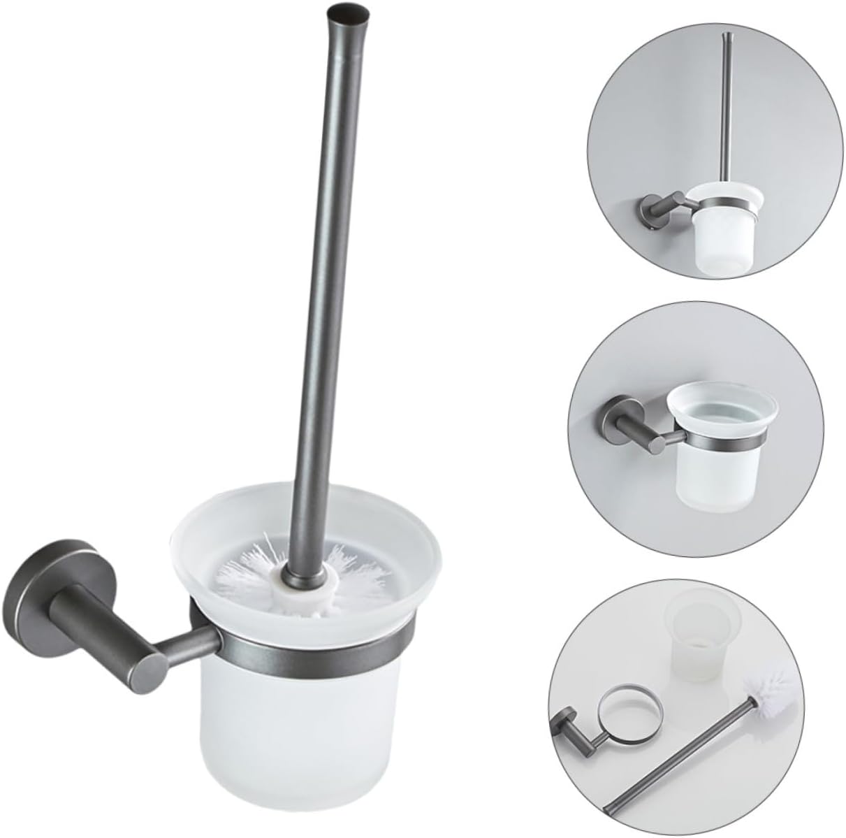 Mikinona Wall-Mounted Long Handle Toilet Brush with Thick Brush Head Handle and Frosted Glass Base for Toilet Cleaning and Odor Prevention