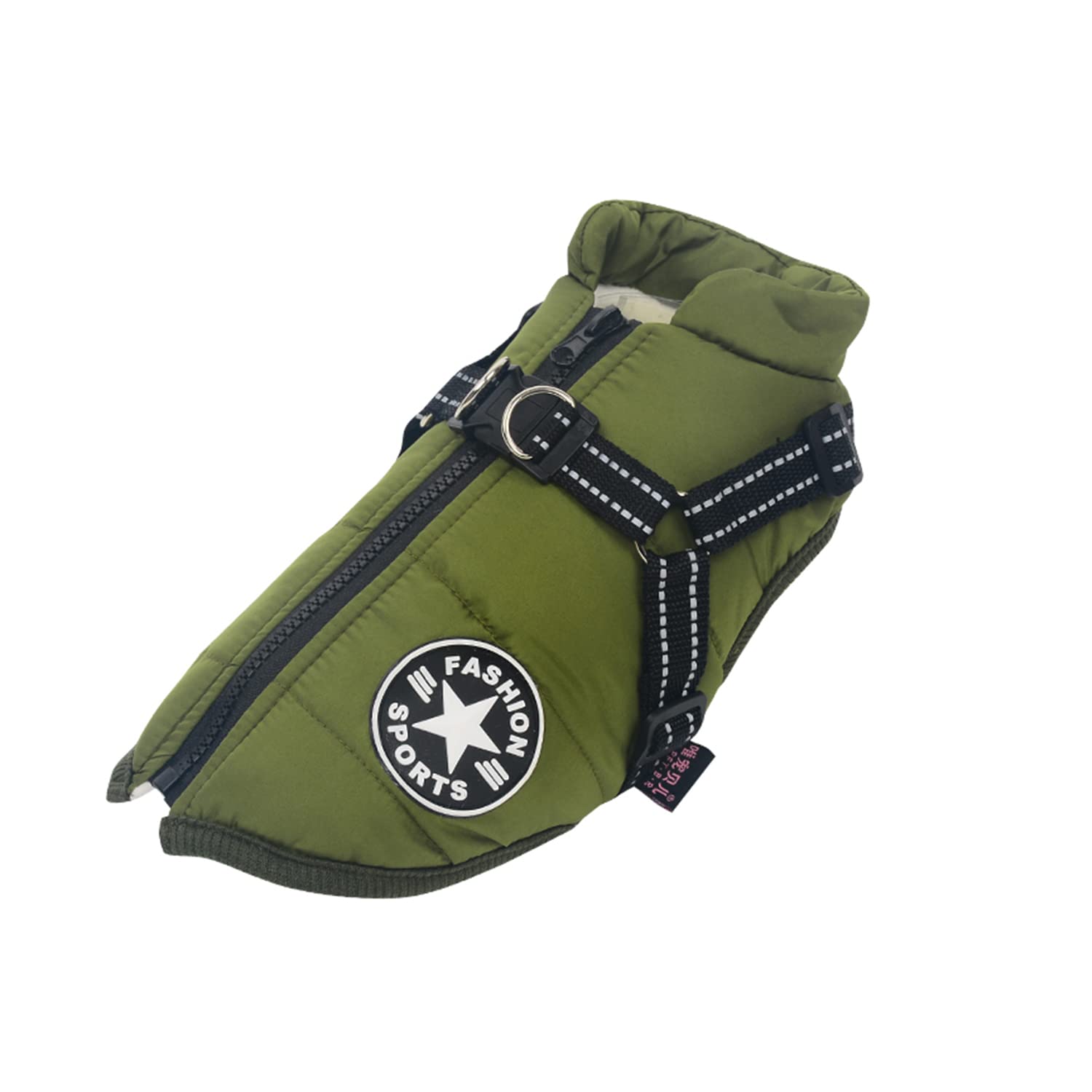 Hundejacke Winterweste Mit Geschirr, Wasserdichter Hundemantel für Kleine Hunde, Maschinen Waschbar, Reflektierender Streifen, Haltbarer D-Ring (Green-M)