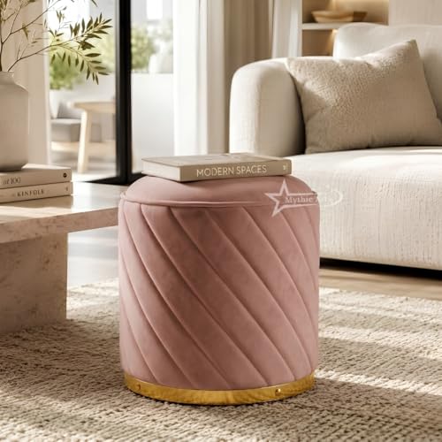 Image of Ottoman Stool, Puffy Stool, Sitting Stool, Modern Upholstered Round Ottoman, Dressing Table for Living-Pink