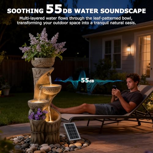 Image of 4 Tiered Solar Water Fountain Outdoor Garden Waterfall Fountains | 35.6 inch Tall Cascading Bowl Leaf Carved Outdoor Modern Water Feature with Dual Planters for Patio, Deck, Yard