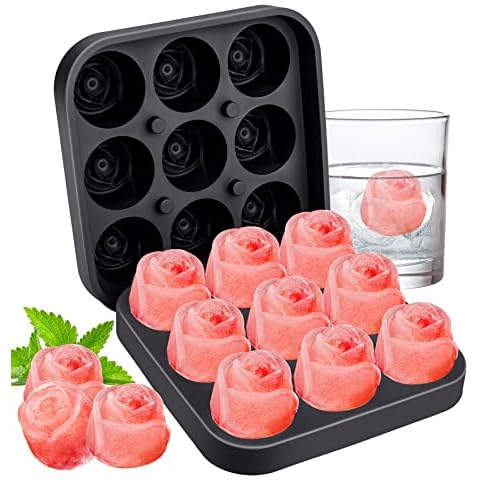 Ice Cube Tray, Mamowla Silicone Ice Cube Trays with Lid 9 Cavity Rose Flower Shape Ice Cube Moulds for Freezer,Baby Food,Water,Whiskey, Cocktail and Other Drink(Black) Cover