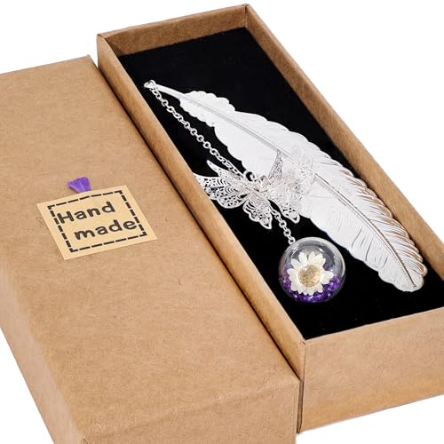 Product Image of the Toirxarn Silver Feather Bookmark with Butterfly Charm – Christmas Gifts for Women, Mom, Teachers, Book Lovers – Stocking Stuffers, Secret Santa, Birthday & Holiday Gift Box