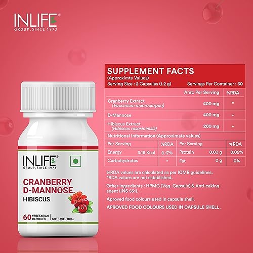 INLIFE Cranberry 400mg D-Mannose 400mg & Hibiscus 200mg Extract Urinary Tract UTI Health Supplement Men Women - 60 Vegetarian Capsules (Pack of 1, 60) - Image 3
