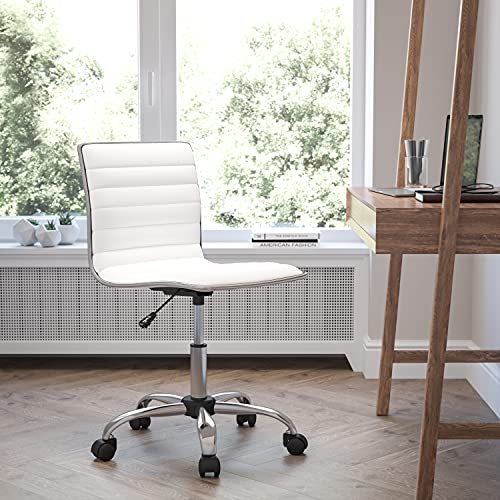 Flash Furniture Alan Low-Back Ribbed Upholstered Vinyl Swivel Desk Chair with Padded Seat, Modern Adjustable Height Padded Office Chair, White by Flash Furniture - Image 2