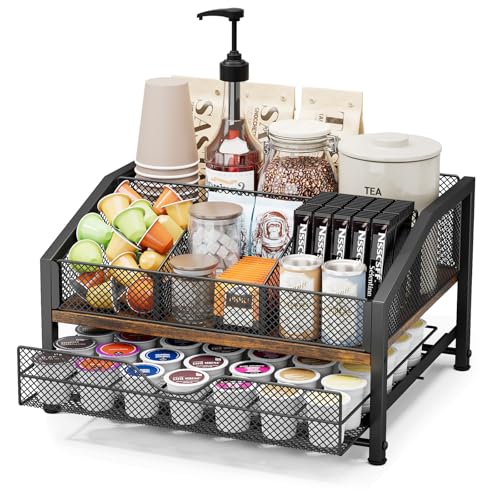 Image of Homsorout Coffee Bar Organizer - Coffee Station for Countertop, Metal and Wood K Cup holder Storage Basket with Drawer for Syrup, Cups, Stirrer, Condiment, Tea Organizer, Brown