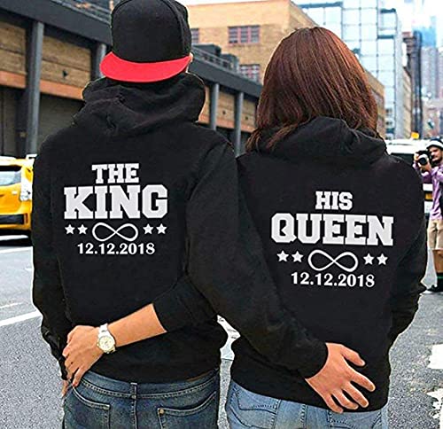 Pull à capuche pour couple King Queen sweat noir Hisqueen avec personnalisation date