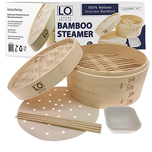 LARAMA ORIGIN Bamboo Steamer-10-inch 2-Tier Dumpling Steamer- Perfect For Dim Sum Dumpling -Bao Bun - Fish - Meat -Vegetables 100% Natural Chinese Bamboo Food steamer