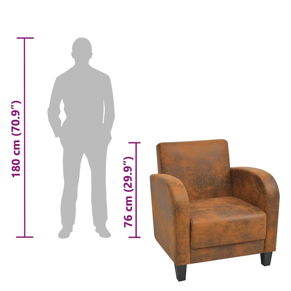 Fauteuil Marron Similicuir Daim Cadre Bois pin, Fauteuil Lounge intérieur Confortable, Chaise de Salon et Bureau, Fauteuil d'appoint élégant pour Coin Lecture et Chambre