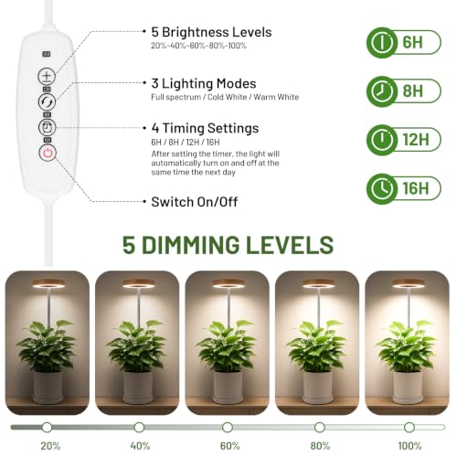Image of LBW Grow Light for Indoor Plants, Full Spectrum Plant Light with Base, Height Adjustable Plant Grow Lamp with Auto Timer 6 /8 /12 /16H, 3 Colors,5 Dimmable Brightness, for Small Plants, Faux Bamboo Grain