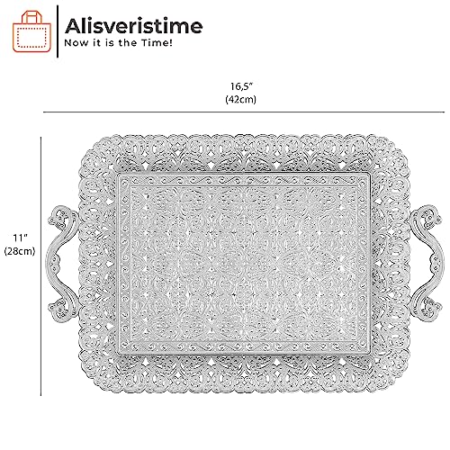 Alisveristime Turkish Ottoman Authentic Floral Design Zamak Serving Tray For Coffee & Tea (16.50 In X 11 In) (Silver) #TOP2