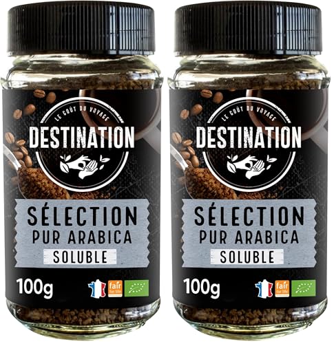 LE GOÛT DU VOYAGE DESTINATION - Café Soluble Arábica BIO - Café Soluble Granulado y Liofilizado de Tueste Natural - Procedente de Cultivo Ecológico - Propiedades Energizantes - 100 g (Paquete de 2)