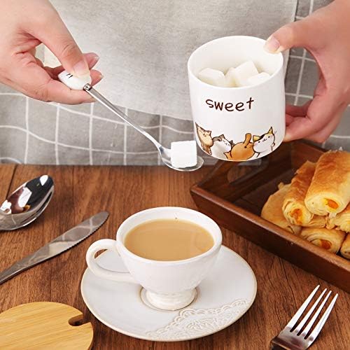 Sugar Bowl with Lid and Spoon, ChaseChic 9oz/266ml Ceramic Sugar Pot, Cute Cat Pattern Covered Sugar Bowl for Home and Kitchen, Gift for Cat Lovers