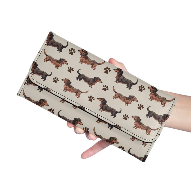 Dachshund Dogs Print Credit Card Wallet for Women Tall Billfold Secretary Cash Wallet,Cute Puppy Dog Paws Trifold Card Holder Ladies Phone Clutch, Beige3