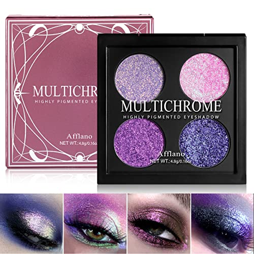 Afflano Multichromatische Lidschatten-Palette mit lila Glitzer, hochpigmentierte Chrom-Duo-Mineral-Lidschatten-Palette, schimmerndes holografisches Augen-Make-up, Highlighter-Chamäleon-Gesichts-Lidschatten