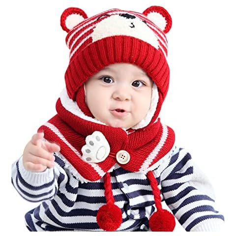 Xiuyer Winter Baby Hats, Toddler Winter Warm Scarf Hat Neck Warmer Cute Knitted Hat Scarf Set Baby Earflap Beanie Hat with Scarf,Winter Baby Hats Red Cover