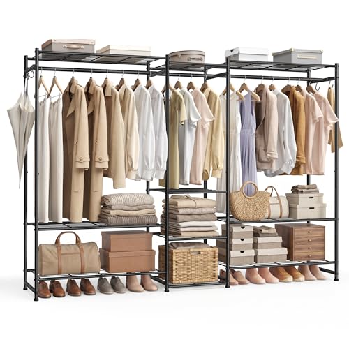 SONGMICS Open Wardrobe Clothes Rack Clothing Rack with 10 Shelves 3 Clothes Rails 4 SHooks Metal Frame for Bedroom Living Room Hallway Black LGR011BZ01