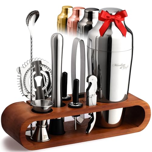 Mixology & Craft Cocktail Shaker Set with Dark Bamboo Stand - Professional 10-Piece Bartender Kit - Complete Bar Set & Cocktail Mixer Kit for Home (Silver)