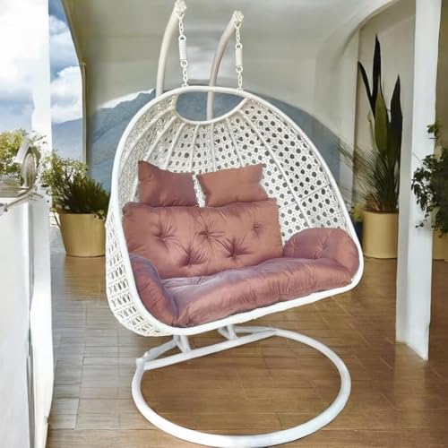 Image of Double Seater Hammock Swing Chair with Stand & Cushion | Heavy Duty Powder Coated Steel Frame | Outdoor Indoor Hanging Swing for Patio Balcony Garden Terrace Living Room (White-Brown)