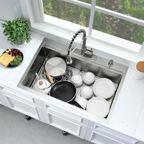 Image of 33x22 Drop In Kitchen Sink Workstation-Bokaiya 33 Inch Stainless Steel Drop In Sink Topmount 16 Gauge 10 Inch Deep Above Counter Single Bowl Kitchen Sink with Cutting Board
