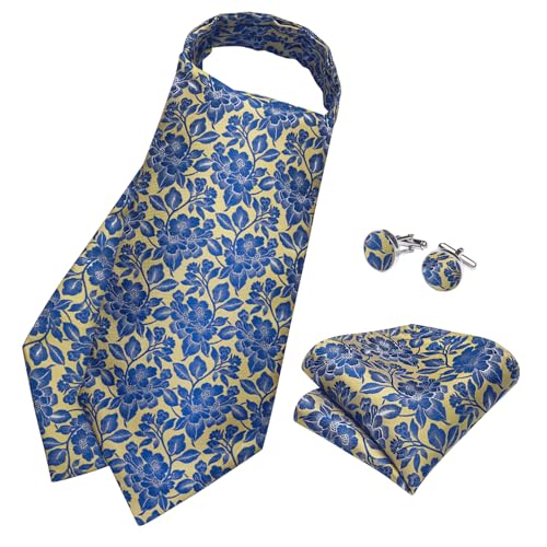 Image of DiBanGu 3PCS Ascot Ties for Men Wedding Jacquard Woven Silk Ascot Cravat for Men Cravat Tie and Pocket Square Set