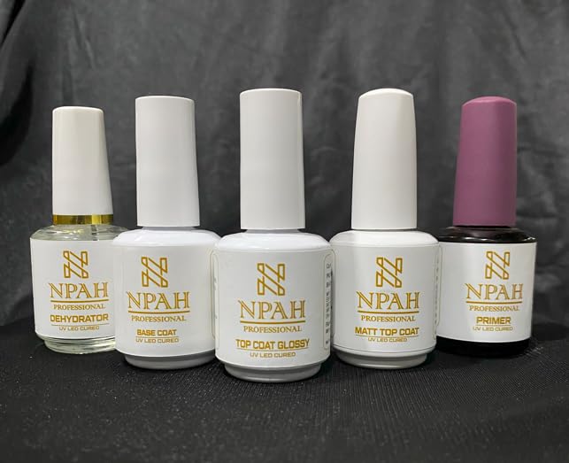 NPAH Professional UV LED Nail Art Basic Set Matte Top Coat,Shiny Top Coat,Base Coat,No Wipe Top Coat Nail Prep Bond Primer,Dehydrator Gel Polish Kit 5Pcs 15ml