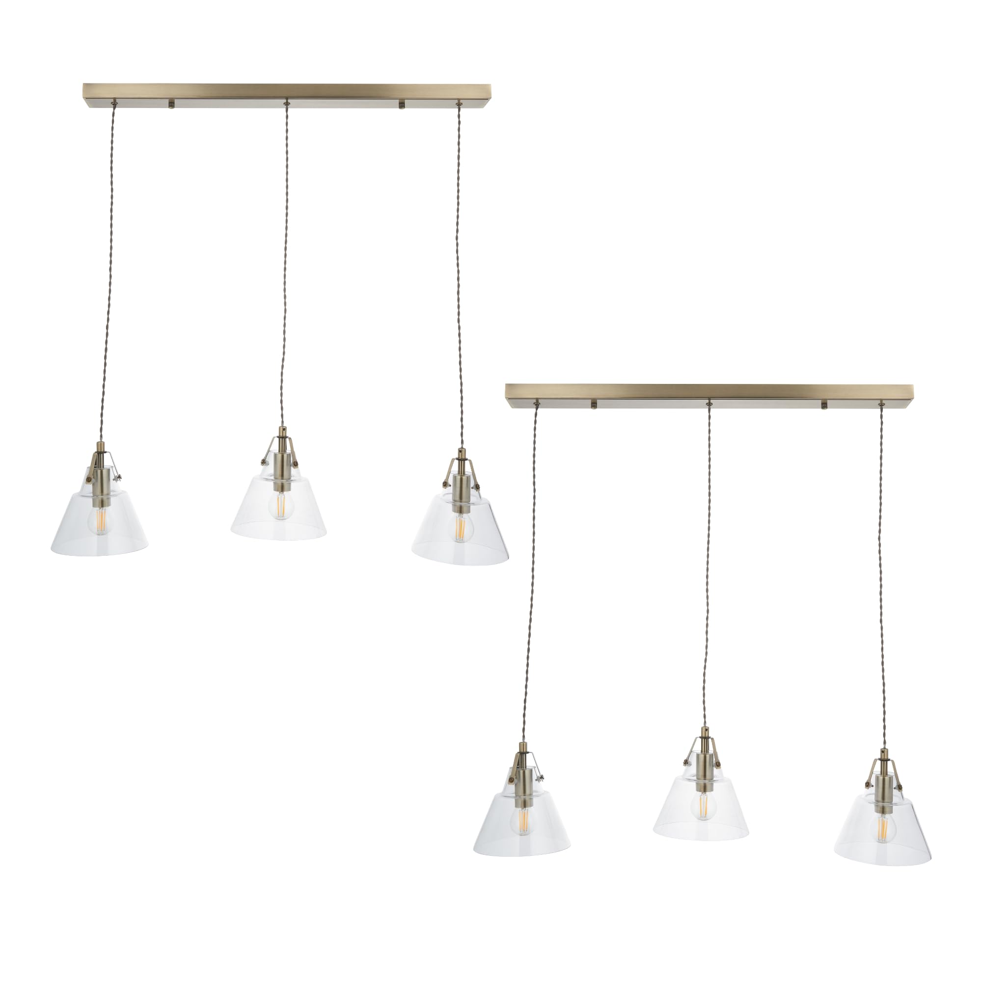 firstchoicelighting Set of 2 Antique Brass Ceiling Pendants, Modern Dining Kitchen Island Lighting, Glass Shades, 3 Way Bar Design, Height Adjustable