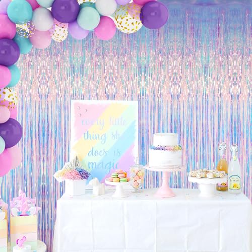 Image of GOER 3.2 ft x 6.5 ft Metallic Tinsel Foil Fringe Curtains Party Photo Backdrop Party Streamers for Mermaid Birthday Party Decorations(2 Packs,Iridescent)